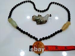 Chinese Nephrite Onyx Necklace and Nephrite 925 Silver Peace Dove Pin Rare Set
