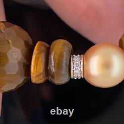 David Yurman 18K Gold Tiger Eye Diamond Pearl Statement Necklace $7600 / RARE
