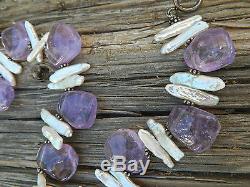Designer Rare Large Amethyst Nuggets Stick Pearl Beaded Sterling Necklace 15.5