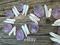 Designer Rare Large Amethyst Nuggets Stick Pearl Beaded Sterling Necklace 15.5