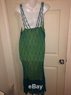 Double D Ranch Rare Teal Lime Stone Beaded Straps Crochet Midi Sexy Dress Size L