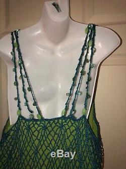 Double D Ranch Rare Teal Lime Stone Beaded Straps Crochet Midi Sexy Dress Size L