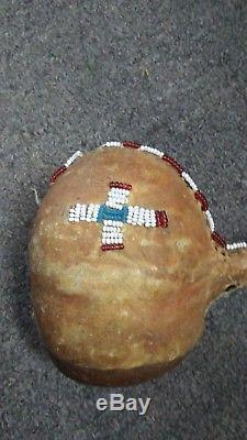 Early Rare Native American Indian Artifact Stone Mallet Beaded Leather Deer Hide