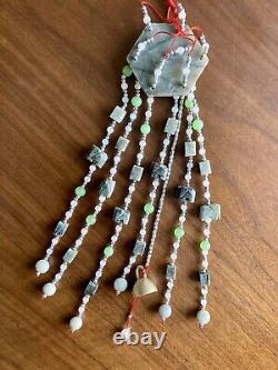 Estate ICY White Green Apple Jade Round Bead Carved Wind Chime RARE RARE 256g