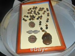 Estate Lot Antique Carved Lava Cameos Carved Gem Bead Necklace Rare Deco Pin