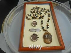Estate Lot Antique Carved Lava Cameos Carved Gem Bead Necklace Rare Deco Pin