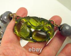 Estate Rare Extasia Carved Green Glass Agate Bronze Strand 121.7 Gram Necklace