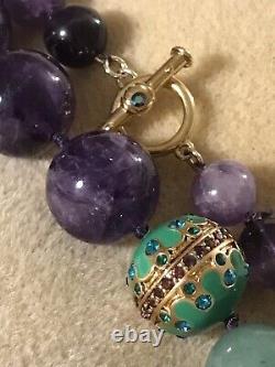 Estate graduated green Jade & Amethyst Bead necklace, Enamel, Knotted, Rare 18
