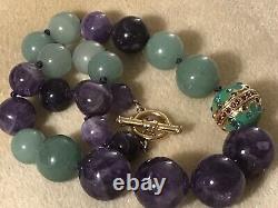 Estate graduated green Jade & Amethyst Bead necklace, Enamel, Knotted, Rare 18