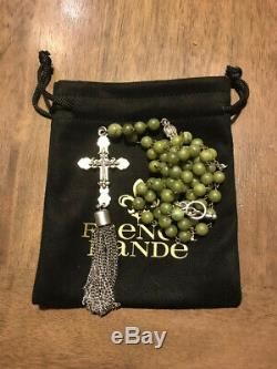 French Kande rosary bead cross pendant necklace green jade long RARE NWOT w bag