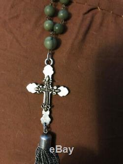 French Kande rosary bead cross pendant necklace green jade long RARE NWOT w bag