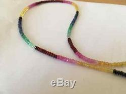 Genuine rare 925 silver & natural ruby emerald and sapphire beaded necklace
