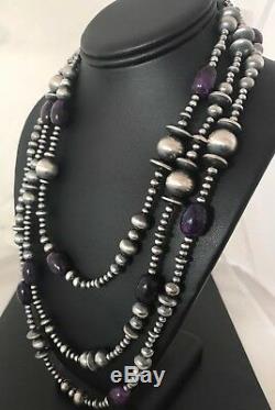 Gorgeous LONG Navajo Pearls Sterling Silver Sugilite Bead Necklace 70 Rare 8052