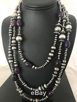 Gorgeous LONG Navajo Pearls Sterling Silver Sugilite Beads Necklace 70 Rare1239