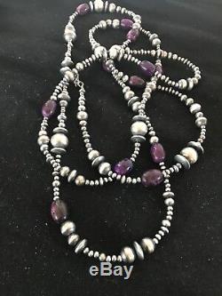 Gorgeous LONG Navajo Pearls Sterling Silver Sugilite Beads Necklace 70 Rare1239