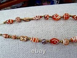 Gorgeous Rare Ancient Carnelian Etched Agate Stone Necklace Beads Dzi Pyu Kushan