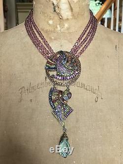 HEIDI DAUS Purple Bead ART DECO Blue Stone Drop Vintage NECKLACE RARE