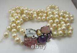 Hattie Carnegie Rare Large Sterling Silver Gemstone Clasp Faux Pearl Necklace