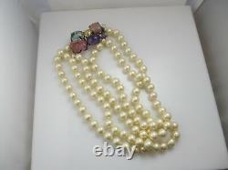 Hattie Carnegie Rare Large Sterling Silver Gemstone Clasp Faux Pearl Necklace