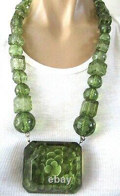 JOYCE FRANCIS Green Carved Floral Lucie MASSIVE Necklace RARE