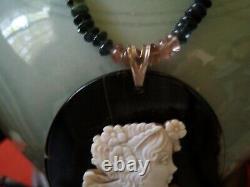 LARGE RARE victorian style BANDED AGATE black cameo unusual carved oval pendant