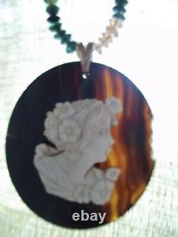 LARGE RARE victorian style BANDED AGATE black cameo unusual carved oval pendant