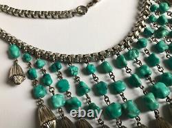 LOVELY Art Deco TURQUOISE nugget FRINGE square silver chain rare necklace