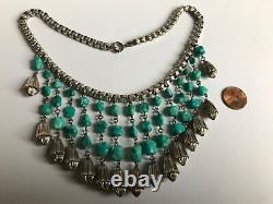 LOVELY Art Deco TURQUOISE nugget FRINGE square silver chain rare necklace