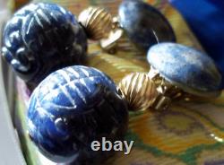 Large rare Chinese EARRINGS'70s Carved SHOU lapis BLUE white big bead gem boho