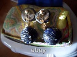 Large rare Chinese EARRINGS'70s Carved SHOU lapis BLUE white big bead gem boho