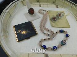 Lot estate Rare sterling intaglio ring Artisan lg earrings gem beads compact