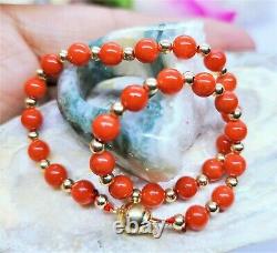 Mediterranean Sea Italian Red Coral Beads 14k Gold Bracelet 8 Rare Natural Gems