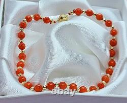 Mediterranean Sea Italian Red Coral Beads 14k Gold Bracelet 8 Rare Natural Gems
