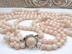 NATURAL TRUE ANGEL SKIN PINK CORAL BEAD NECKLACE 14K GOLD 117g RARE 3 STRAND