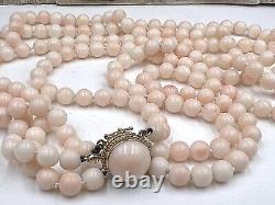 NATURAL TRUE ANGEL SKIN PINK CORAL BEAD NECKLACE 14K GOLD 117g RARE 3 STRAND