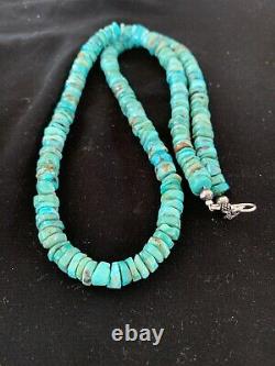 Native American Blue Turquoise Heishi Sterling Silver Bead Necklace Rare 2708