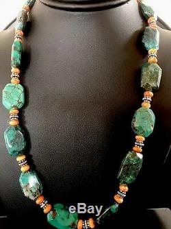 Native American Sterling Silver Rare Green Turquoise Spiny Oyster Bead Necklace
