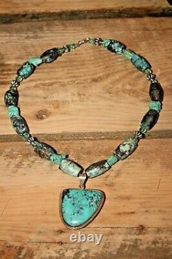 Native American Sterling Silver Turquoise Nugget Bead Pendant Necklace Rare