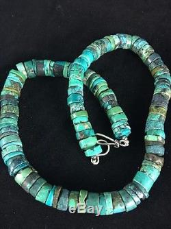 Native American Turquoise 7 mm Heishi Sterling Silver Bead Necklace Rare
