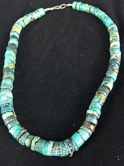 Native American Turquoise 8 mm Heishi Sterling Silver Bead Necklace Rare 368