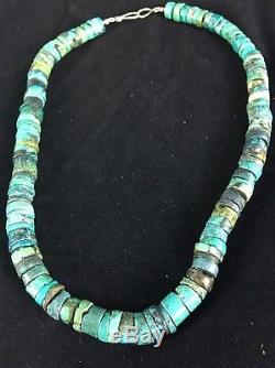 Native American Turquoise 8 mm Heishi Sterling Silver Bead Necklace Rare 368