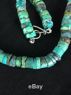 Native American Turquoise 8 mm Heishi Sterling Silver Bead Necklace Rare S368