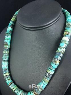 Native American Turquoise 9 mm Heishi Sterling Silver Bead Necklace Rare