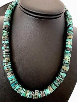 Native American Turquoise 9 mm Heishi Sterling Silver Bead Necklace Rare 383