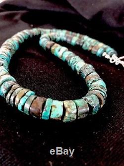 Native American Turquoise 9 mm Heishi Sterling Silver Bead Necklace Rare 383