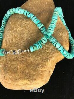 Native American Turquoise 9 mm Heishi Sterling Silver Bead Necklace Rare 8465