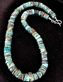 Native American Turquoise 9 mm Heishi Sterling Silver Bead Necklace Rare A383