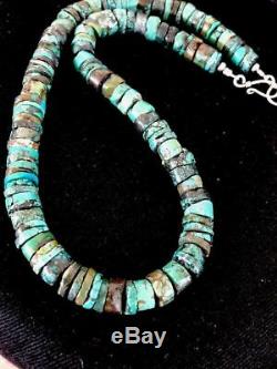 Native American Turquoise 9 mm Heishi Sterling Silver Bead Necklace Rare A383