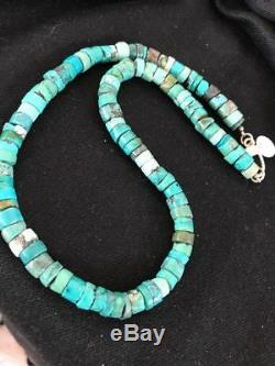 Native American Turquoise 9 mm Heishi Sterling Silver Bead Necklace Rare G421