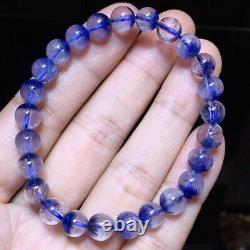 Natural Blue Dumortierite Rutilated Quartz Beads Women Rare Bracelet 7.2mm AAAAA